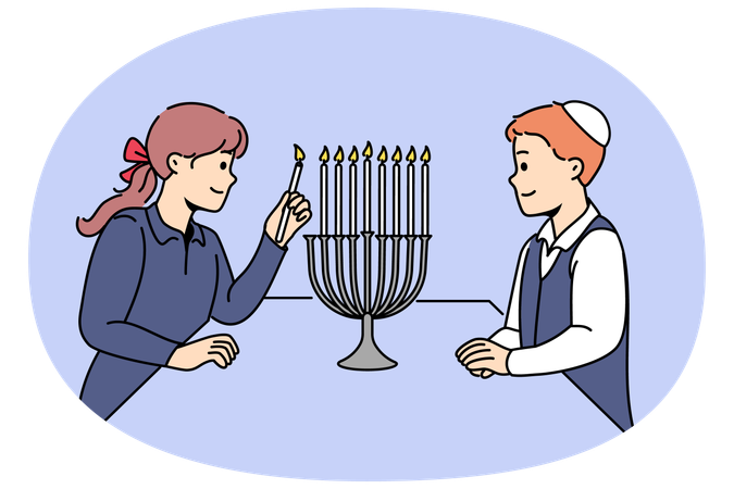 Jüdische Kinder stehen mit brennenden Kerzen in der Nähe von Minora  Illustration