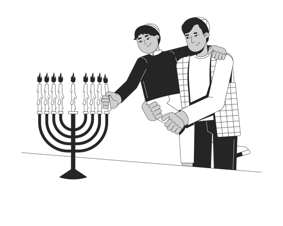 Jüdischer Vater und Sohn zünden Menora an  Illustration
