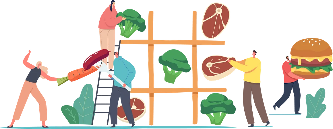 Juego de tres en raya con comida vegetariana versus comida no vegetariana  Ilustración