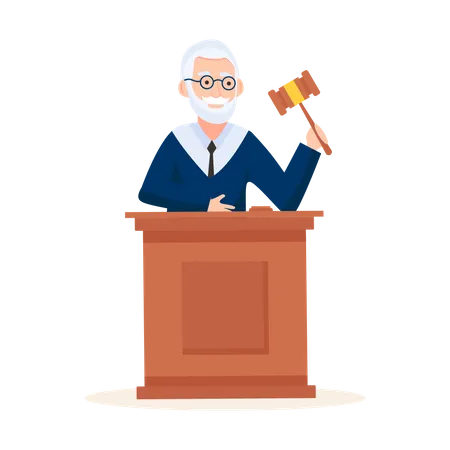 Juez de la Corte Suprema con un martillo de madera en la mano  Ilustración