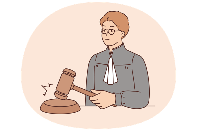 Juez golpeando con mazo de madera señal de decisión final y pronunciamiento de sentencia por delito  Ilustración