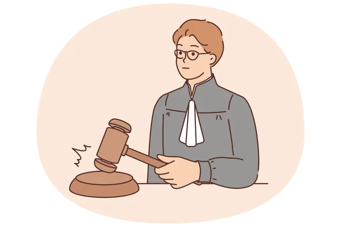 Juez golpeando con mazo de madera señal de decisión final y pronunciamiento de sentencia por delito  Ilustración