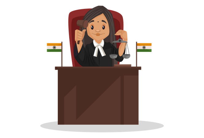 Juez indio sentado en la sala y sosteniendo un martillo en la mano  Ilustración