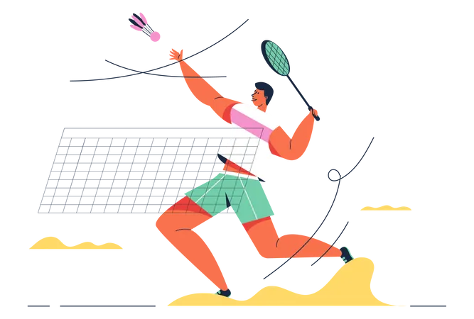Hombre Atleta De Badminton Jugando Con Raqueta Y Birdie En Juegos Personaje De Dibujos Animados Ilustracion Vectorial Ilustración
