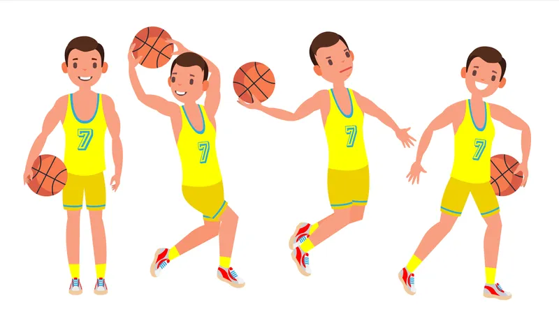 Vector Masculino Del Jugador De Baloncesto Posicion Diferente Estilo De Vida Saludable Ilustracion De Personaje De Dibujos Animados Plano Aislado Ilustración