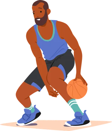 Jugador de baloncesto experto personaje masculino regatea la pelota con precisión  Ilustración