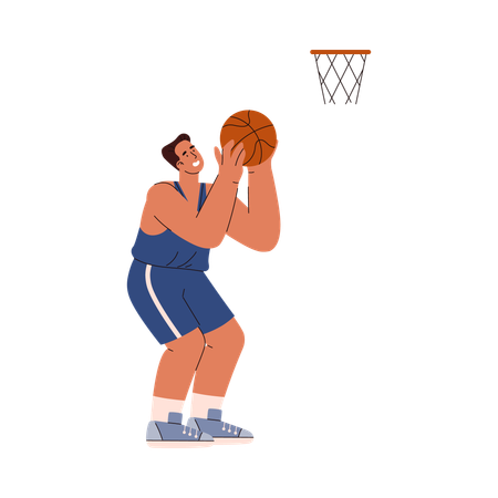 Un jugador de baloncesto se sentó a lanzar la pelota al aro  Ilustración