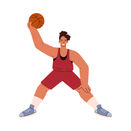 El jugador de baloncesto levantó la mano con el balón.  Ilustración