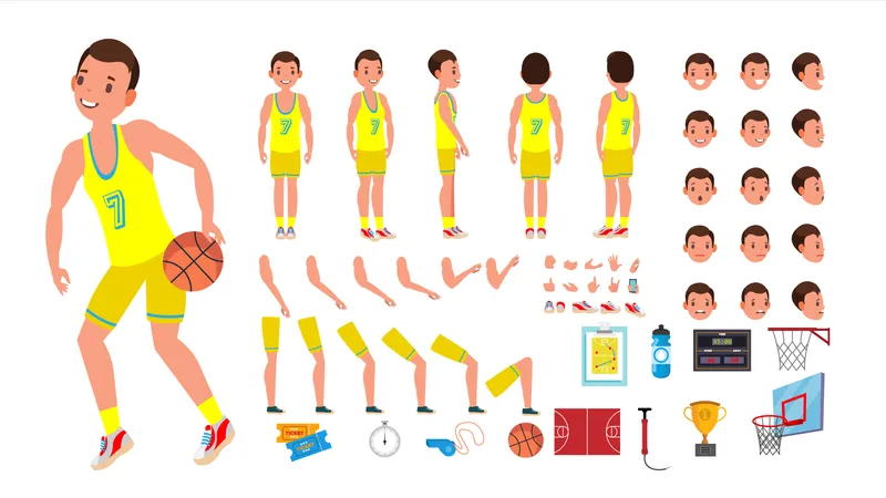 Vector masculino del jugador de baloncesto. Conjunto de creación de personajes animados. Hombre jugador de baloncesto. Longitud total, frontal, lateral, vista posterior, accesorios, poses, emociones faciales. Ilustración de dibujos animados plana aislada  Ilustración