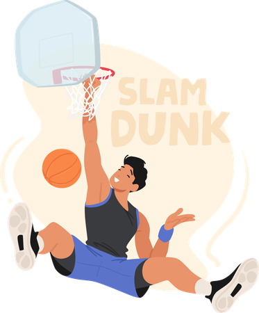 Personaje masculino de jugador de baloncesto ejecutando un Slam Dunk que desafía la gravedad  Ilustración