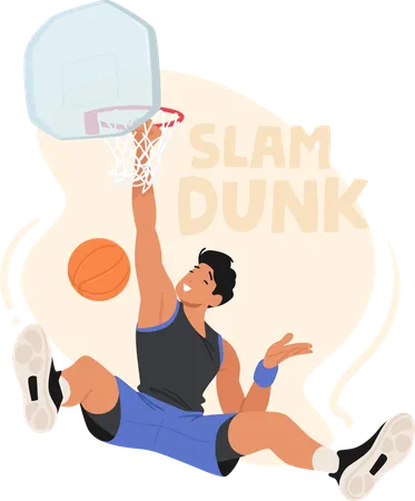 Personaje masculino de jugador de baloncesto ejecutando un Slam Dunk que desafía la gravedad  Ilustración