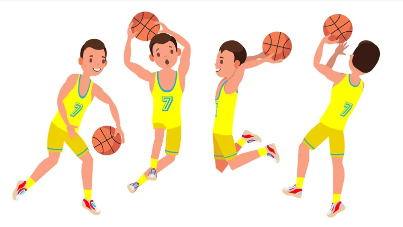 Vector de jugador de baloncesto profesional. Uniforme amarillo. Jugando con una pelota. Estilo de vida saludable. Pegatinas de acción del equipo.Aisladas en la ilustración del personaje de dibujos animados blanco  Ilustración