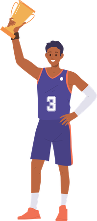 Jugador de baloncesto sosteniendo la copa de oro sobre la cabeza  Ilustración