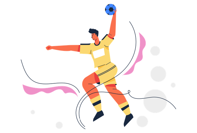 Jugador de balonmano saltando con la pelota.  Ilustración