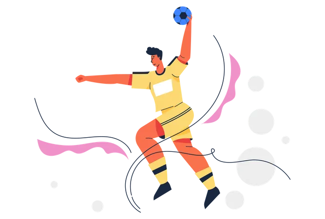 Jugador de balonmano saltando con la pelota.  Ilustración