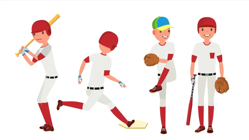 Vector De Jugador De Beisbol Clasico Uniforme Clasico Diferentes Posturas De Accion Ilustracion De Dibujos Animados Plana Ilustración