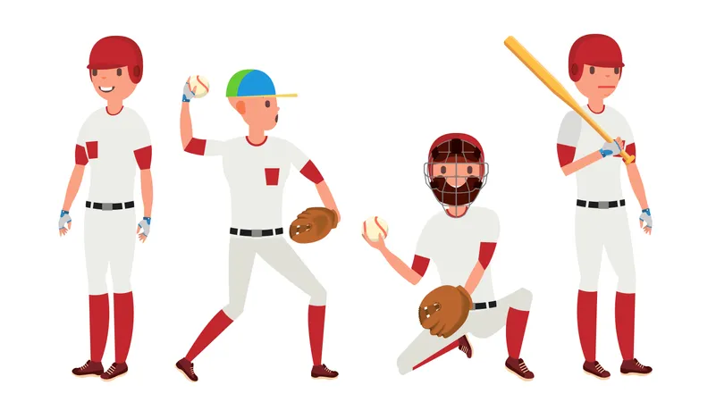 Vector De Jugador De Beisbol Clasico Uniforme Clasico Diferentes Posturas De Accion Ilustracion De Dibujos Animados Plana Ilustración