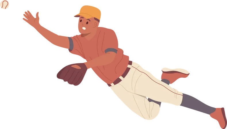 Jugador de béisbol con uniforme y guante atrapando la pelota.  Ilustración