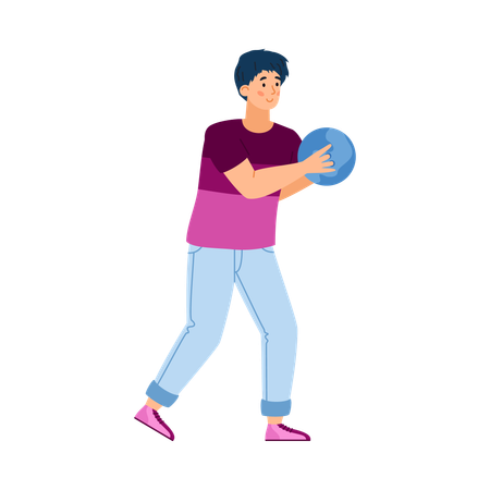 Jugador de bolos con una bola azul en su mano derecha  Ilustración