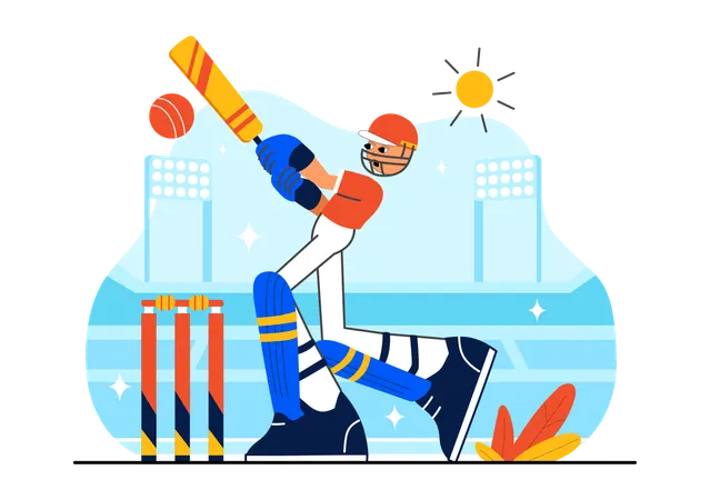 Un jugador de críquet golpea una pelota de críquet  Ilustración