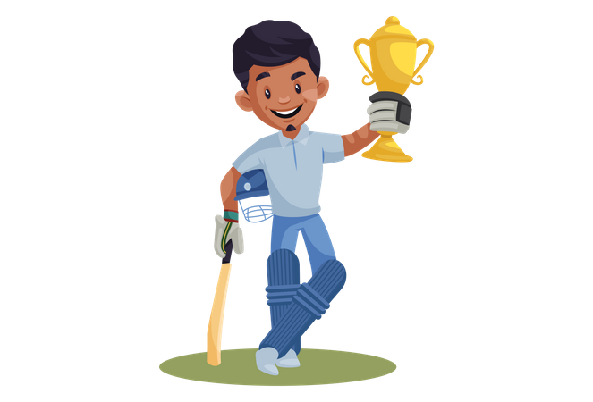 Jugador de críquet indio sosteniendo el trofeo ganador  Ilustración