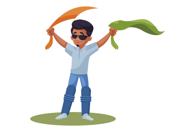 Jugador de cricket indio sosteniendo un paño naranja y verde  Ilustración