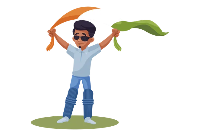 Jugador de cricket indio sosteniendo un paño naranja y verde  Ilustración