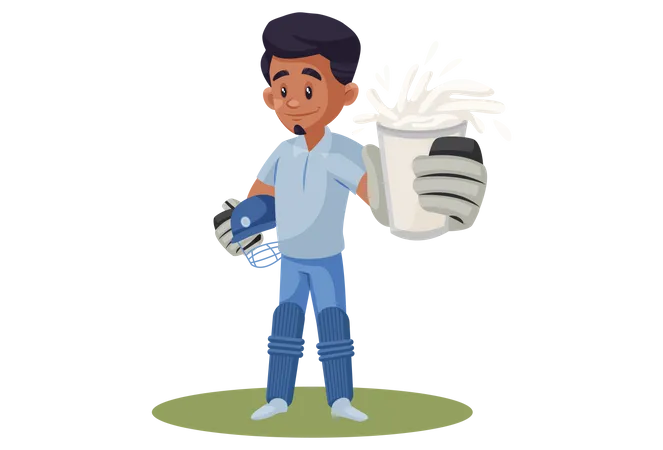 Jugador de críquet indio sosteniendo un vaso de leche para publicidad  Ilustración