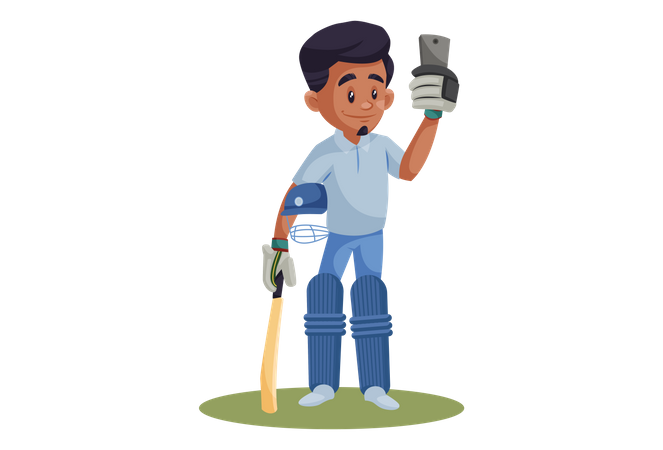 Jugador de cricket indio tomándose selfie  Ilustración