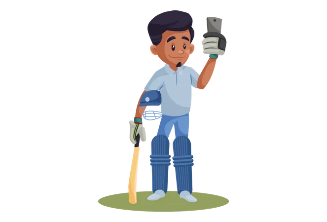 Jugador de cricket indio tomándose selfie  Ilustración