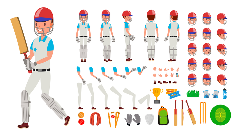 Vector masculino del jugador de críquet. Hombre jugador de críquet deportivo. Conjunto de creación de personajes animados de jugador de críquet. Longitud total, frontal, lateral, vista posterior, accesorios, poses, emociones, gestos. Ilustración plana ais  Ilustración