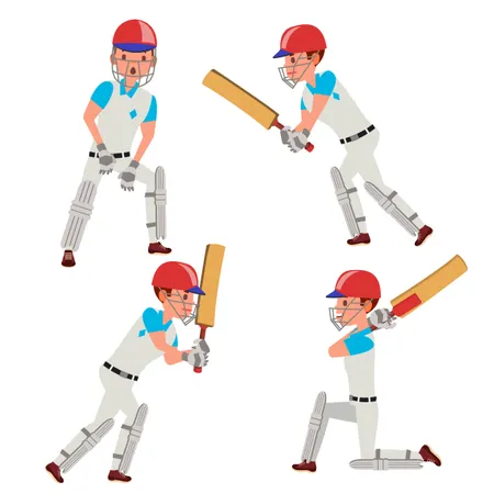 Vector masculino del jugador de críquet. Personajes del equipo de críquet. Ilustración de dibujos animados plana  Ilustración