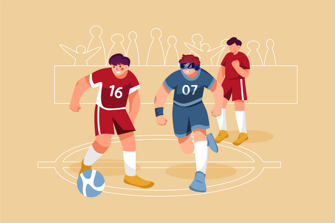Jugador de fútbol jugando partido usando tecnología VR  Ilustración