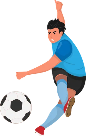 Un jugador de fútbol masculino patea la pelota con fuerza  Ilustración