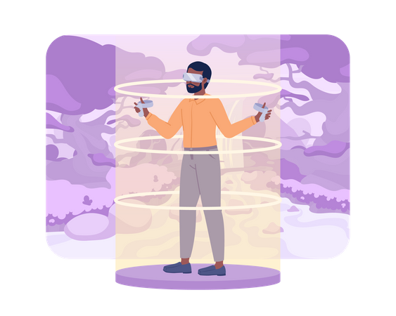 Jugador de juegos VR en un bosque mágico púrpura  Ilustración
