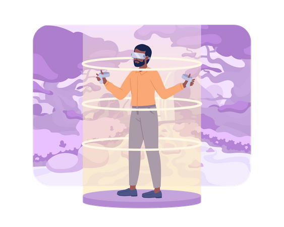 Jugador de juegos VR en un bosque mágico púrpura  Ilustración