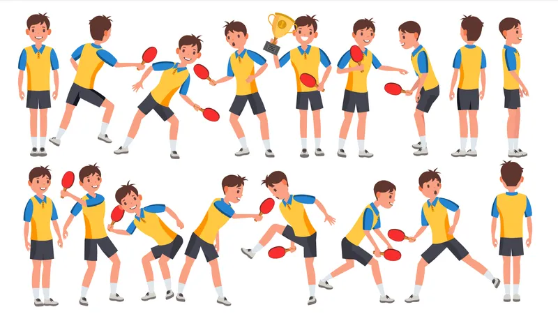 Jugador de tenis de mesa masculino con gesto diferente  Ilustración