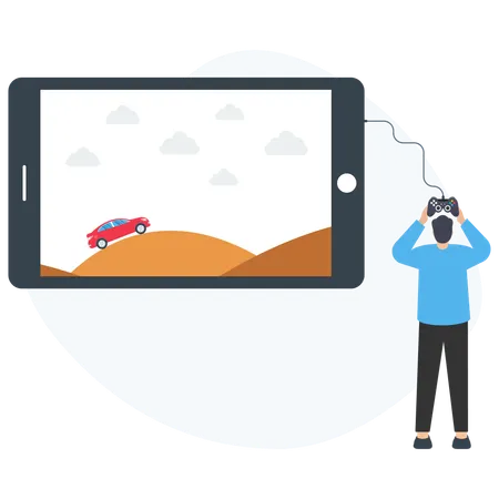Jugador jugando a un juego de carreras de coches en un teléfono móvil con mando  Ilustración