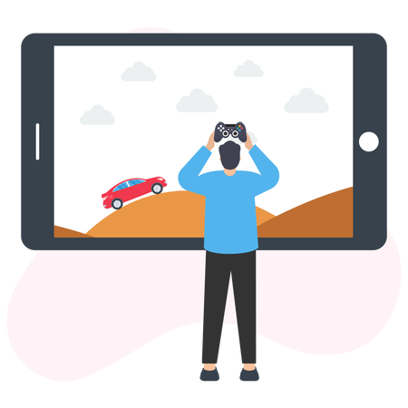 Jugador jugando a un juego de carreras de coches en un teléfono móvil usando un mando inalámbrico  Ilustración