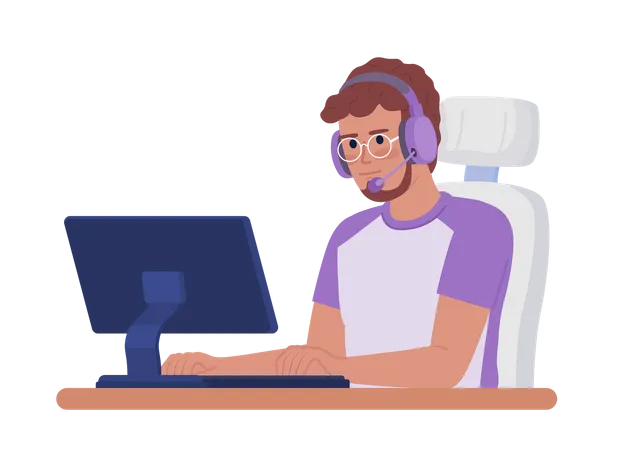 Jugador masculino con auriculares en la computadora  Illustration