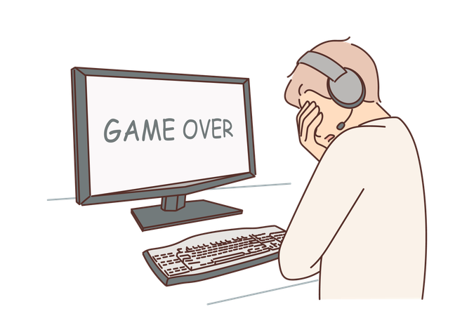 El jugador se perdió en el videojuego y se molestó cuando vio la inscripción "Juego terminado" en el monitor de la computadora.  Ilustración