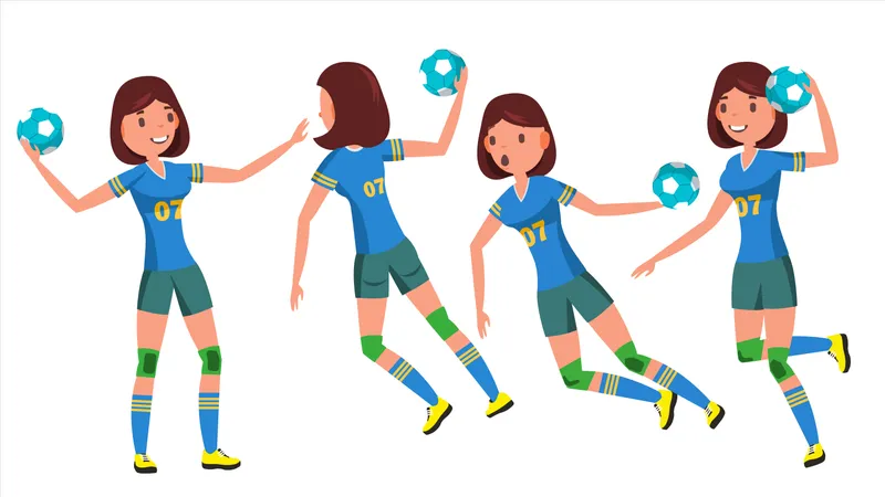 Vector de jugadora de balonmano. Que Juega En Diferentes Poses. Mujer. Salto de ataque. Jugador de tiro. Atleta Aislado En Blanco Ilustración De Personaje De Dibujos Animados  Ilustración