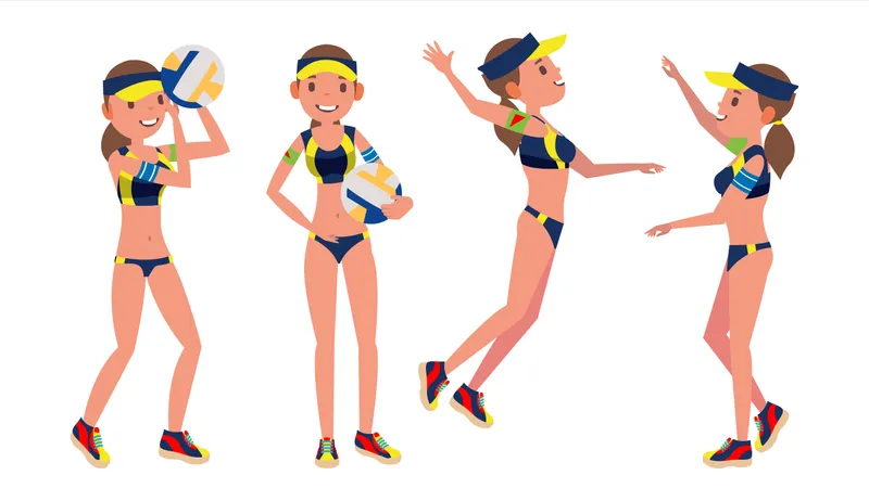 Jugadora de voleibol de playa femenina con diferentes poses de juego  Ilustración
