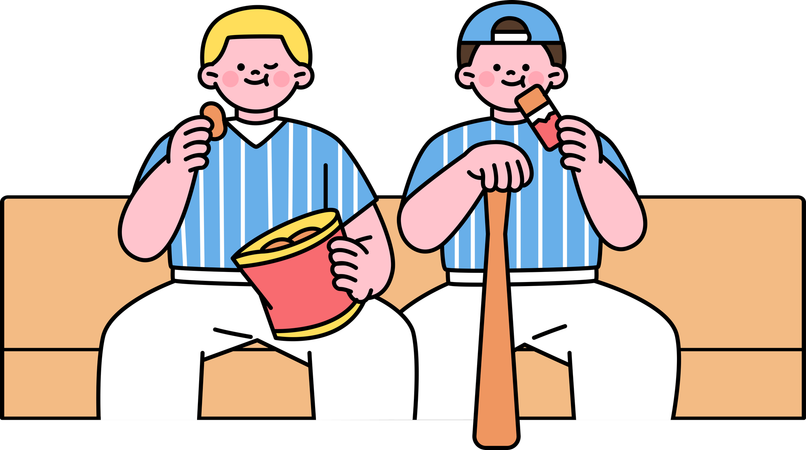 Jugadores de béisbol comiendo comida  Ilustración