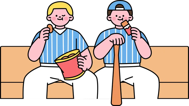 Jugadores de béisbol comiendo comida  Ilustración