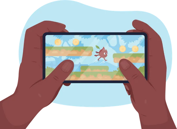 Jugar Juegos En La Ilustracion Aislada Del Vector 2 D Del Telefono Inteligente Jugador Con Celular Juega Plataformas Sosteniendo El Telefono Movil Con La Mano En Primera Vista Plana Sobre Fondo De Dibujos Animados Escena Colorida De Gamificacion Ilustración