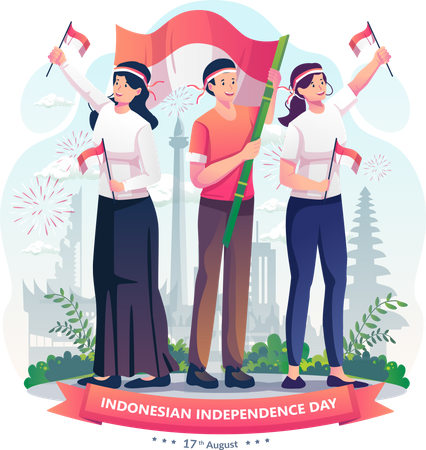 Jugendliche feiern den Unabhängigkeitstag Indonesiens, indem sie die rot-weiße indonesische Flagge halten  Illustration