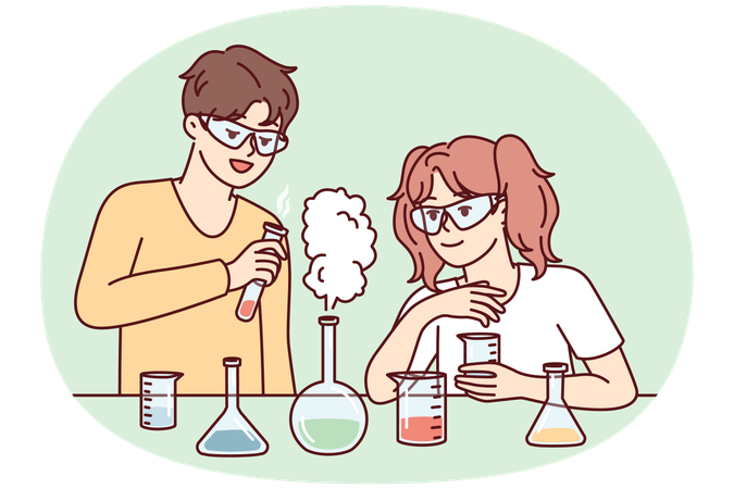 Junge und Mädchen führen chemische Experimente durch, indem sie mit Reagenzgläsern am Tisch stehen  Illustration