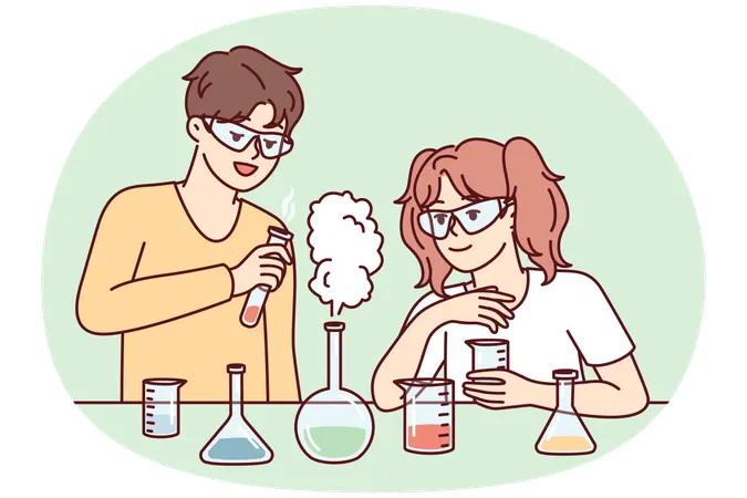 Junge und Mädchen führen chemische Experimente durch, indem sie mit Reagenzgläsern am Tisch stehen  Illustration