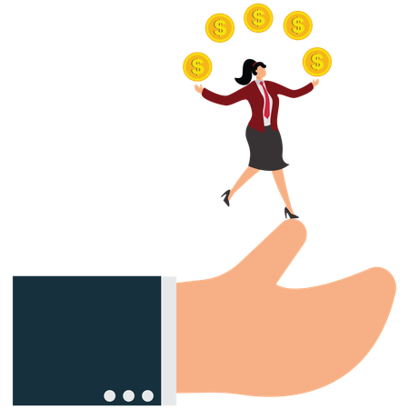両手で金貨をジャグリングするビジネスウーマン  イラスト